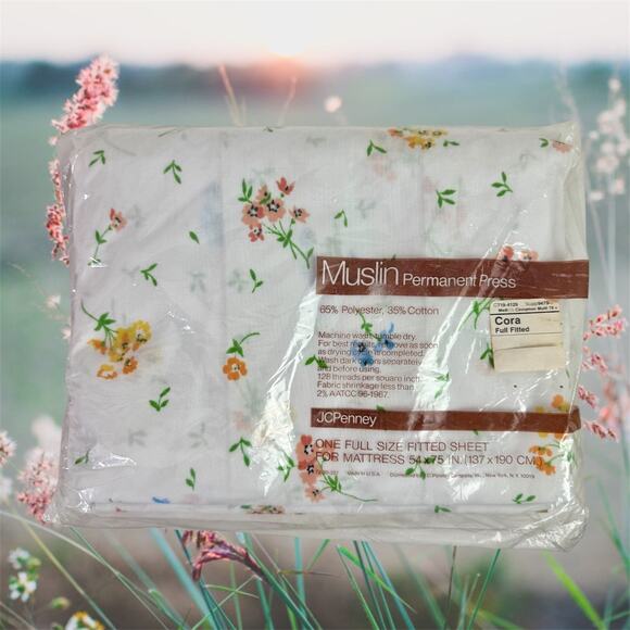 jcpenney Other - JCPenney NOS VTG Muslin White & Floral Print Cora Full Fitted Sheet In Package